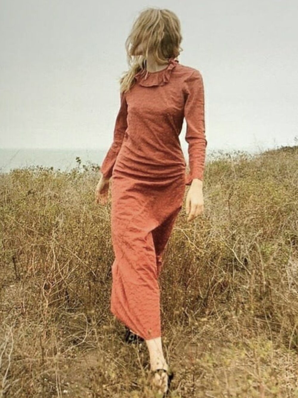 DOEN Didion Dress Textured Silk Cotton Ruffle Maxi XS Terracotta Rust